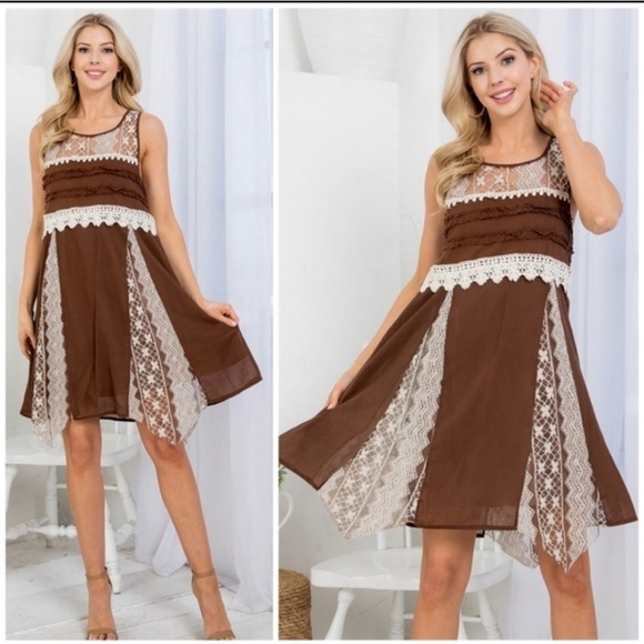 New Large  A’reve Dress in Brown w/ Cream Crochet & Lace - Picture 2 of 13